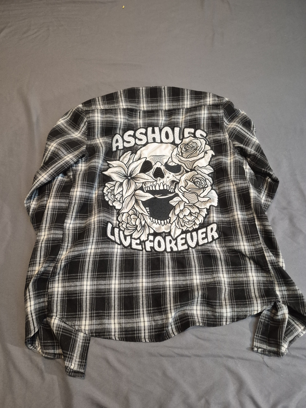 Black & White Plaid Lightweight Men's Shirt Jacket with Skull Graphic And Stash